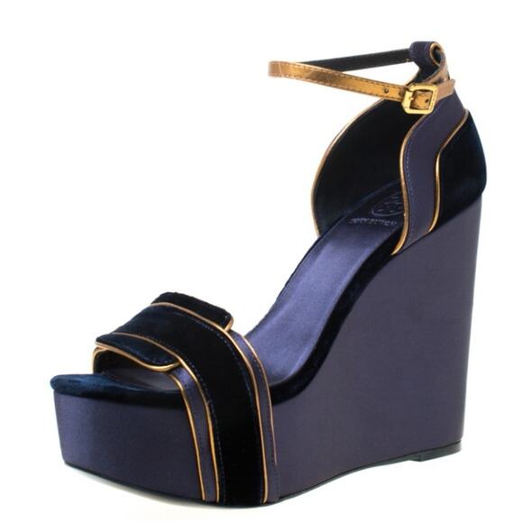 Tory Burch Shoes - Tory Burch Alexia Navy Blue/Gold Velvet and Satin Wedge Sandal Heels Size 10